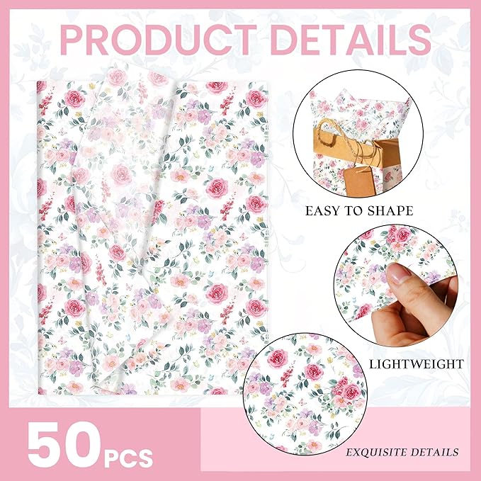 50 Sheet Pink Flower Tissue Paper Rose Floral Gift Wrapping Paper Watercolor Wildflower Patterned Tissue Papers for Gift Wrap DIY Crafts Packaging Wedding Bithday Party Supplies