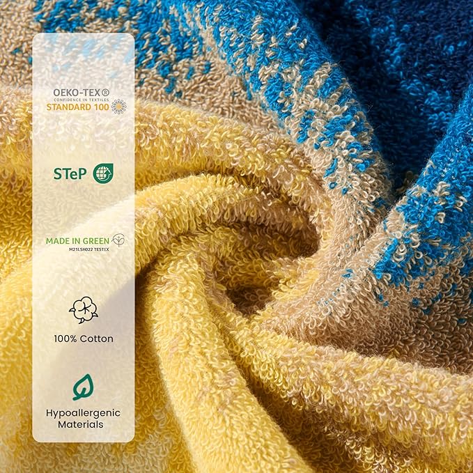SEMAXE Bath Towel Set, 12 Piece Cotton Towel Set for Bathroom, More Towels for Family Use, Quick Dry with Hanging Loops, Easy Care, Coastal Ombre