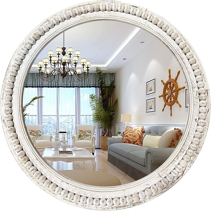 dwellington Rustic Round Wall 24 Inch Wood Circle Mirror with Beads, Decorative Farmhouse Mirror for Living Room, Bedroom, Kitchen, Entryway (White)