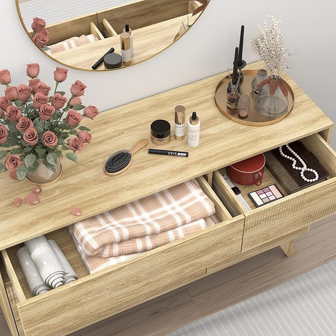 Hadulcet Fluted 6 Drawers Dresser for Bedroom, Modern Minimalist Style, 47” Wide Handleless Chest of Drawers, Wooden Dresser TV Stand, Closet Clothes Storage Organizer for Hallway, Natural Oak