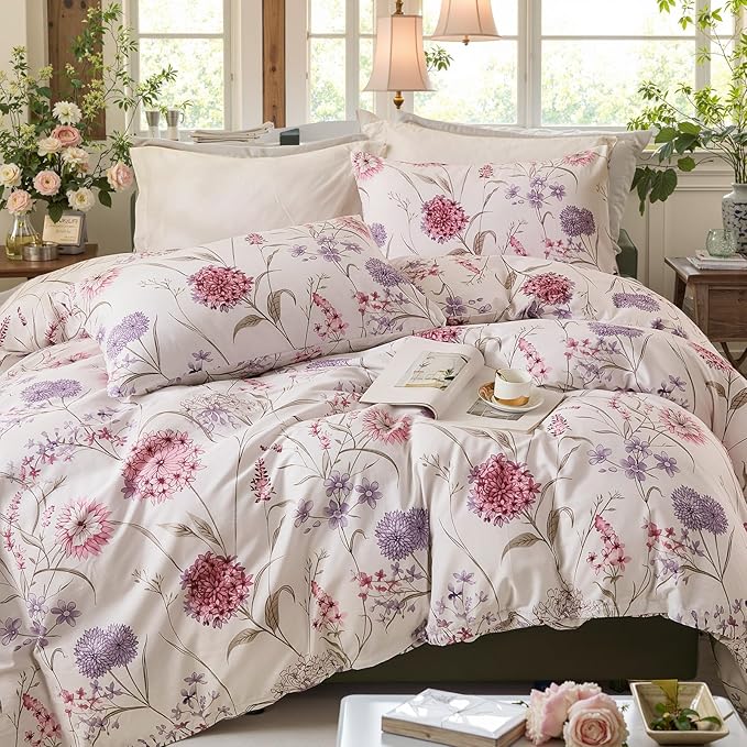 Bedding_Dreamer King Floral Comforter Set 100% Cotton Comforter 3 Pcs Red Pink Flower Bedding Set Lightweight Soft Reversible Bedding for All Season