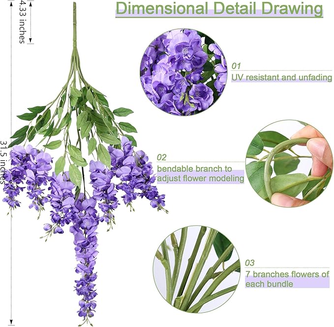 HyeFlora Wisteria Artificial Flowers for Indoor Decoration, 2Pcs Purple Fake Hanging Flowers for Table, Kitchen, Living Room, Bathroom, Home, UV & Fading Resistant Office Decor