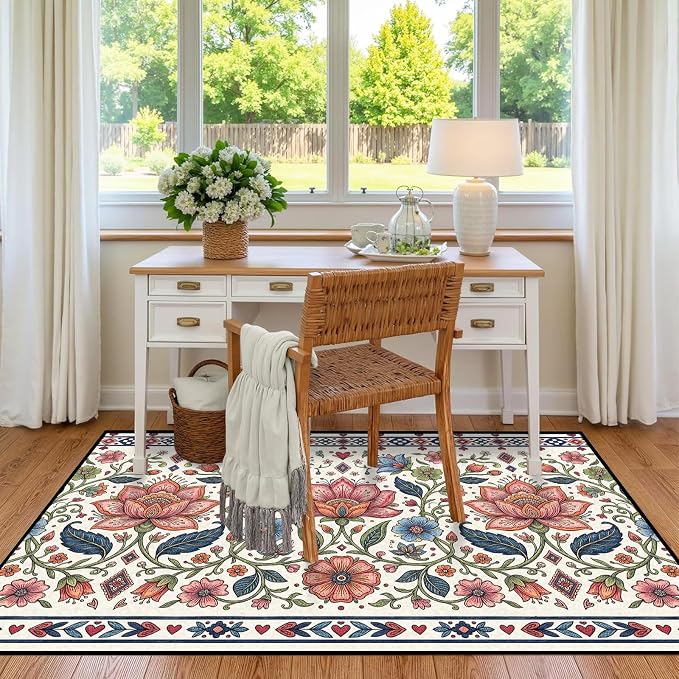 4'x6' Boho Floral Area Rug Vintage Colorful Botanical Carpet Non-Slip Washable Rugs for Bedroom Living Room Nursery Kitchen Playroom Home Decor