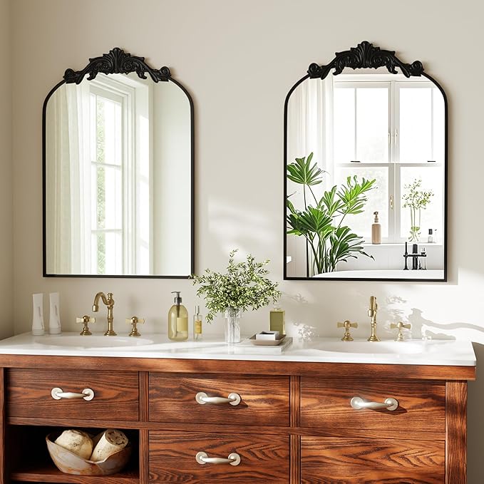 VooBang Vintage Arched Bathroom Mirror, 24x36 Inch Retro Wall Mounted Vanity Mirror with Carved Pattern Top and Metal Frame, Black Decorative Mirror for Hanging or Leaning
