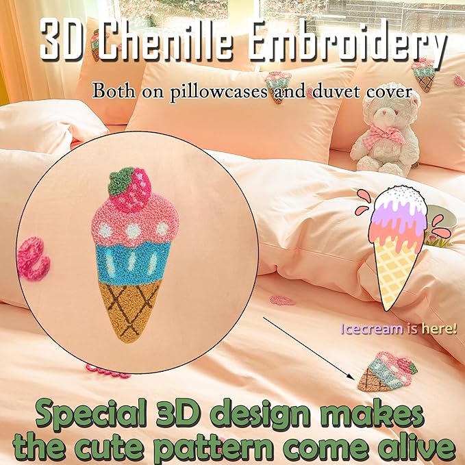 MorroMorn Cotton Duvet Cover Queen Size, Peach Pink Bed Set 3D Embroidery Bedding Sets All Seasons, Chenille Embroidered Comforter Covers Blanket for Girls Kids Teen (Ice Cream Cones, Full/Queen)