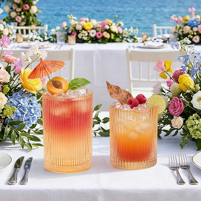 14 oz & 18 oz Ribbed Drinking Glasses Set of 12, Vintage Iced Coffee Cups Elegant Glassware, Highball Glass Cups Ridged Glass Tumbler for Cocktail, Whiskey, Beer, Water, Juice, Origami Style Amber