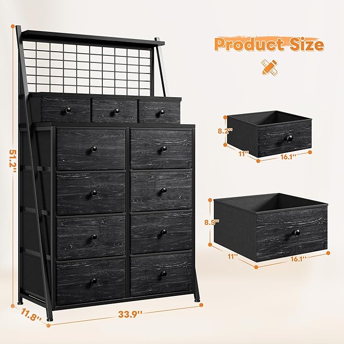 51" H Dresser for Bedroom with LED, 11 Drawer Dresser with Wire Grid Panels & Open Shelves for Entryway, Dorm, Black, 11.8" D x 33.9" W x 51.2" H