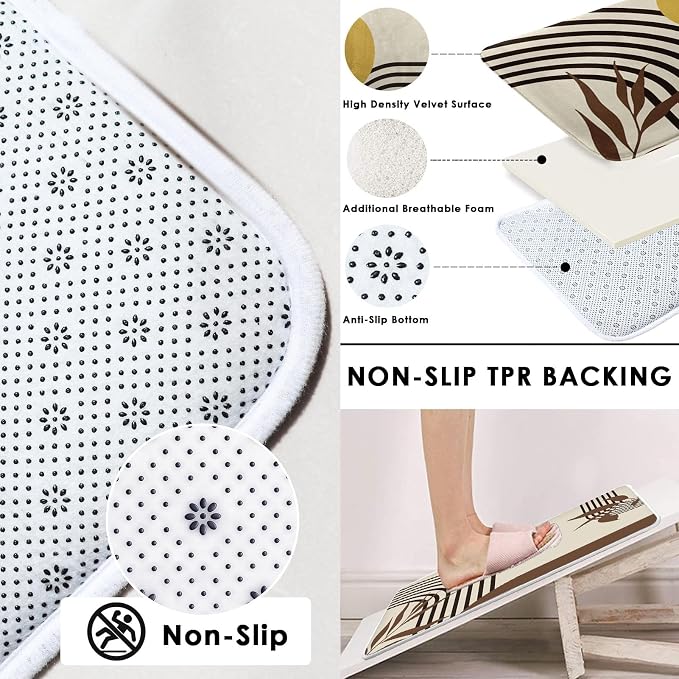 Boho Mid Century Shower Curtain Set with Toilet Lid Cover and Non-Slip Rugs, Abstract Geometric 4 Pcs Modern Minimalist Brown Yellow Vintage Shower Curtain for Bathroom Set with 12 Hooks