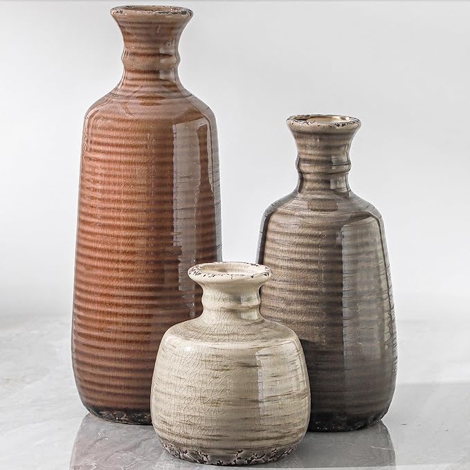 Ceramic Vases Set of 3, Neutral Rustic Farmhouse Vases Home Decor Decorative Flower Vase Modern Boho Pampass Vase for Table Mantel Entryway Shelf Living Room Kitchen Bathroom - Brown