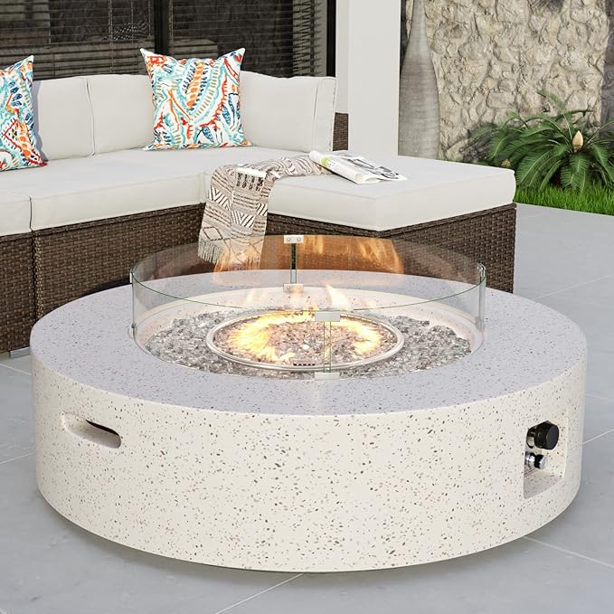 COSIEST Outdoor Propane Fire Pit Coffee Table w Terrazzo White 42 inch Round Base Patio Heater, Certified, 50,000 BTU Stainless Steel Burner, Wind Guard, Transparent Gray Fire Glass, Rain Cover
