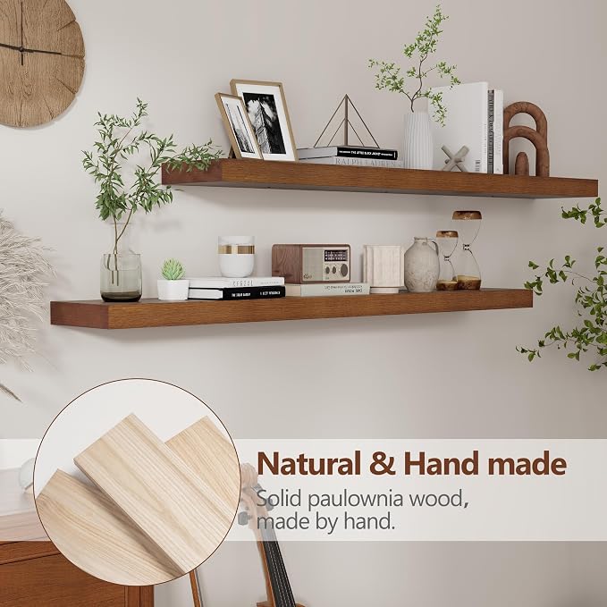 fuqing Rustic Floating Shelves, 48 Inch Floating Shelf Set of 2, Solid Wood Wall Mounted Shelves Dark Wood Shelves for Bedroom Bathroom Living Room - Dark Walnut