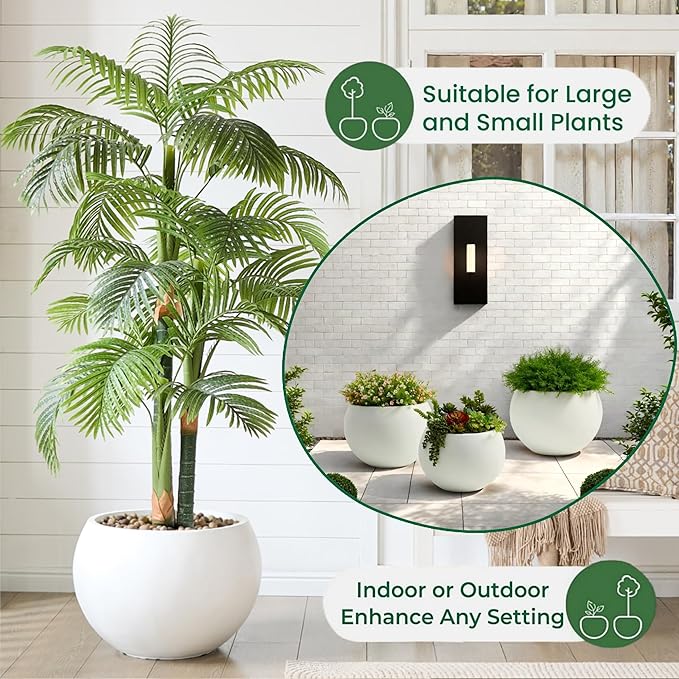 21.3" D Fiberstone Extra Large Planter, 16.6" Pot Opening x 14.8" H, Spherical Flower Pot with Drainage Hole, Weather Resistance Indoor Outdoor Planters, White