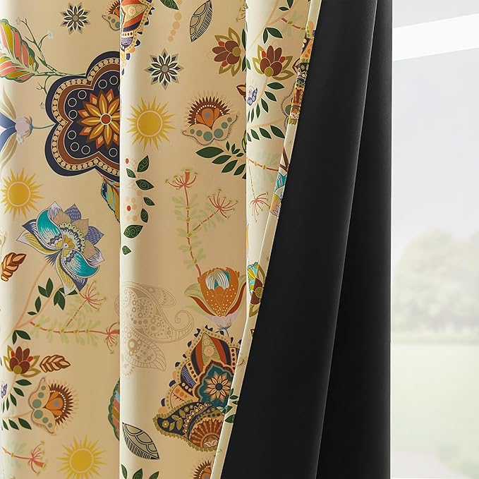 XiDi Beige Floral Curtains 90 Inches Long 2 Panels Vintage Patterned Blackout Curtains for Bedroom Living Room Thermal Insulated Grommet Rustic Luxury Colorful Botanical Flower Printed Drapes 52x90