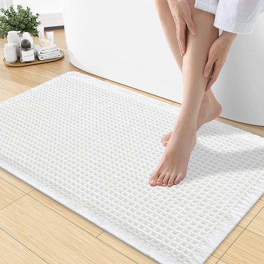 Smiry Waffle Bath Mat 30x18, Extra Soft Absorbent Bathroom Rugs, Non Slip Machine Washable Quick Dry Bath Rugs for Bathroom Floor, Tub, Shower, Home Decor Accessories, White
