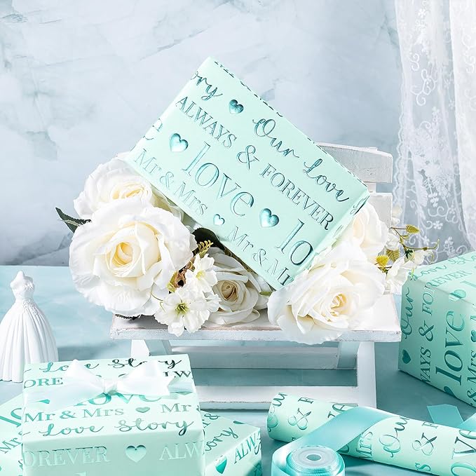 RUSPEPA Wedding Wrapping Paper, Mini Roll, Bridal Shower Gift Wrap, Mint Green Gold Foil LOVE Design, Perfect for Engagement, Anniversary, 17 Inches x 16.5 Feet