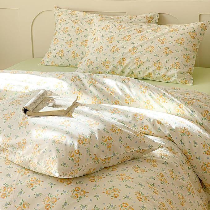 EAVD Yellow Floral Duvet Cover King Size Soft 100% Cotton Soft Botanical Floral Cottagecore Bedding Set with 2 Pillowcases Aesthetic Floral Comforter Set with Zipper Closure
