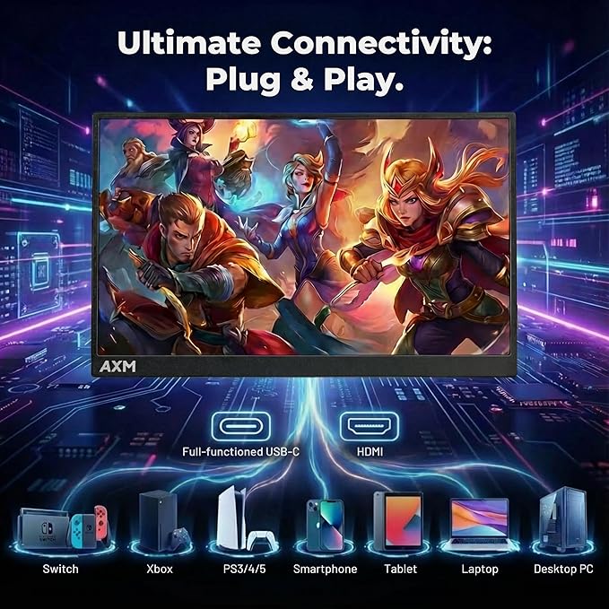 AXM 16" 2.5K Portable Monitor 2.5k QHD IPS 120Hz Adaptive Sync HDR Flicker-Free 400 Nits 100% DCI-P3 USB-C HDMI Gaming & Travel for Laptop Compatible with Windows, MacBook, Phone, Switch, Xbox PS4/5