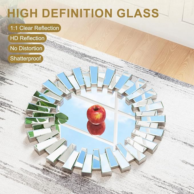 Silver Round Sunburst Wall Mirror - 26" Large Beveled and Birrored Edge Elegant Modern Bohemian Sun Wall Decorative Mirror for Entrance Bedroom Living Room Hallway Bathroom Fireplace Dining Room