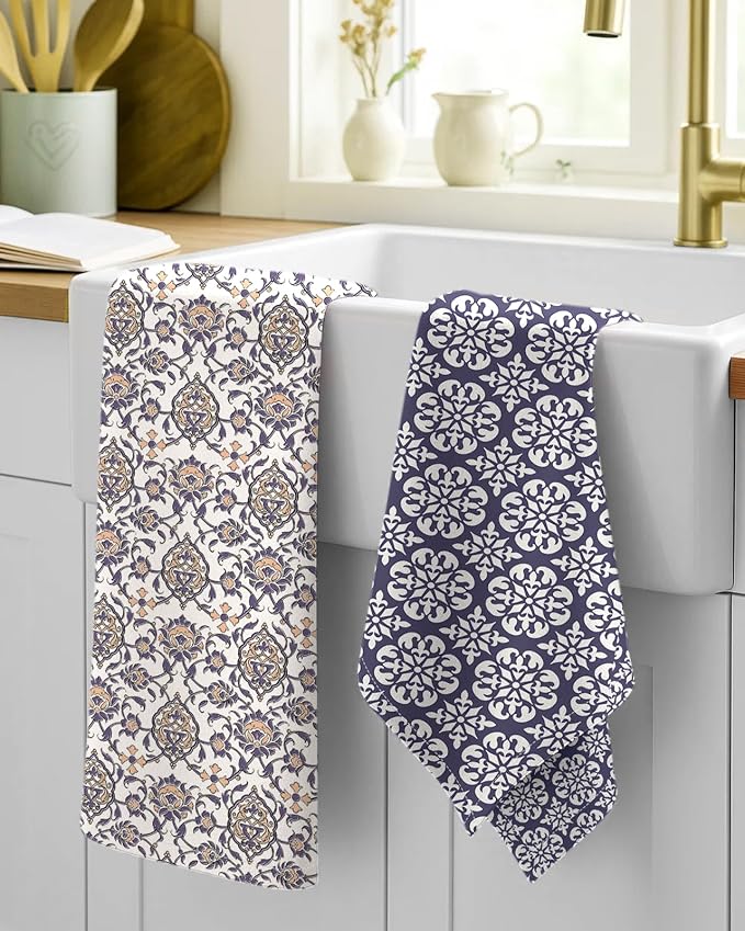 Miss Adola 2 Pack Flour Sack Kitchen Towels - 16x26 Inch Cotton Dish Towels with Hanging Loop Reusable Geometric Boho Modern Retro Tea Towel Absorbent Dishcloths Home Decor, Blue Boho Style