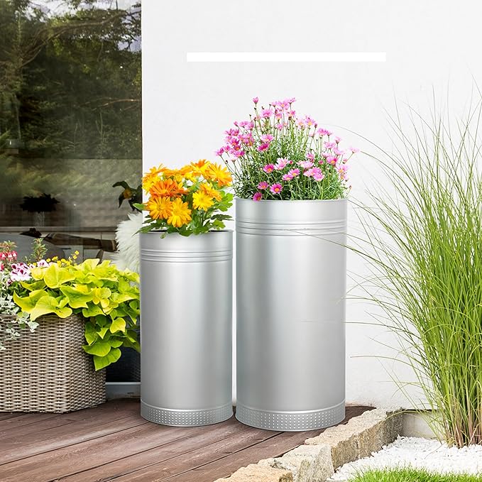 Worth Garden Galvanized Steel Planter 2-Pack - Large:28"x14.5" & Small:24"x12" - Tall Metal Plant Pots - Large Handcrafted Decoration Flower Pot for Indoor Outdoor, Deck, Patio, Front Porch - Silver