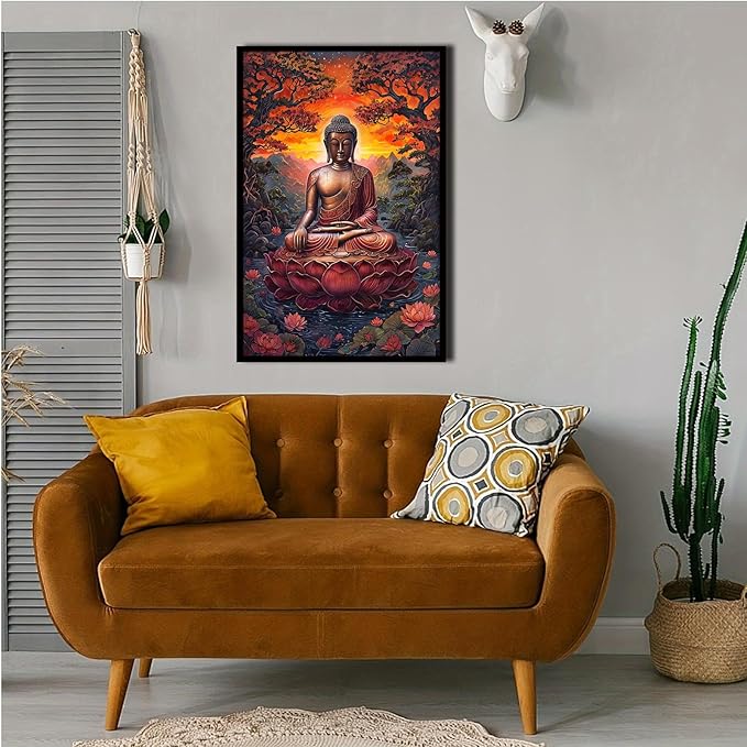 Golden Buddha on lotus seat serene meditation statue amidst lush trees flowing water and sunrise light spiritual home art for a tranquil decor 8x12in Metal blackFramed