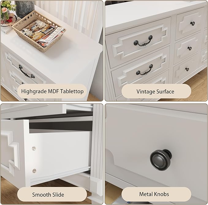 BLANKSPACE 9 Drawer Dresser for Bedroom, 35.7" Tall Dresser & Chest of Drawers wtih Vintage Surface, Closet Storage Cabinet for Living Room, Hallway, White