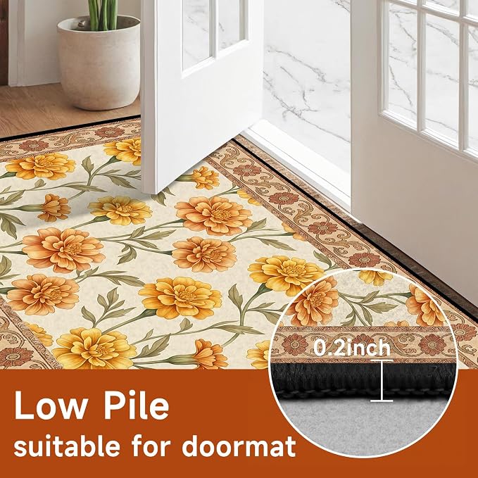 Marigold Floral Area Rug Vintage Boho Rug Bordered Non-Slip Washable Floor Mat for Bedroom Living Room Nursery Kitchen Playroom Home Decor,4'x6'