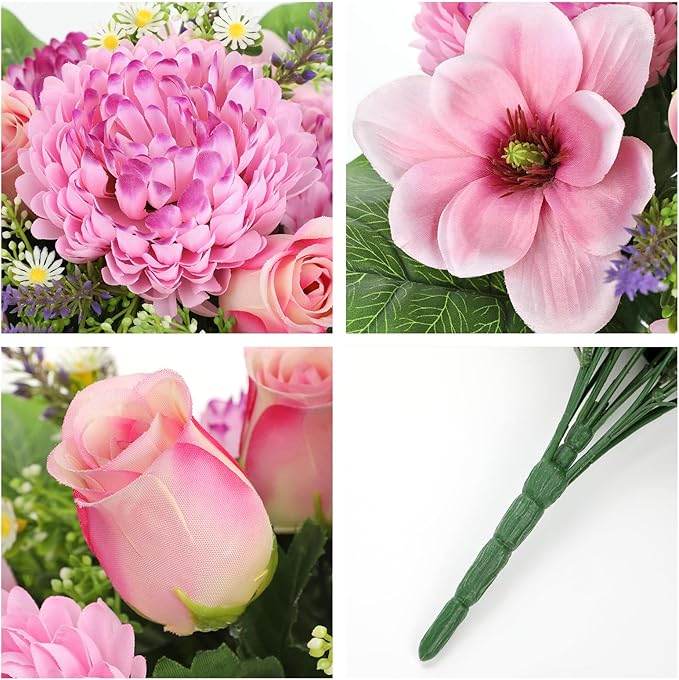 Hollyone Set of 2 Artificial Cemetery Flower for Graves Cemetery Memorial Flowers for Outdoor Grave Decorations Silk Flower Arrangements Pink Chrysanthemum Rose Floral Flowers Bouquets