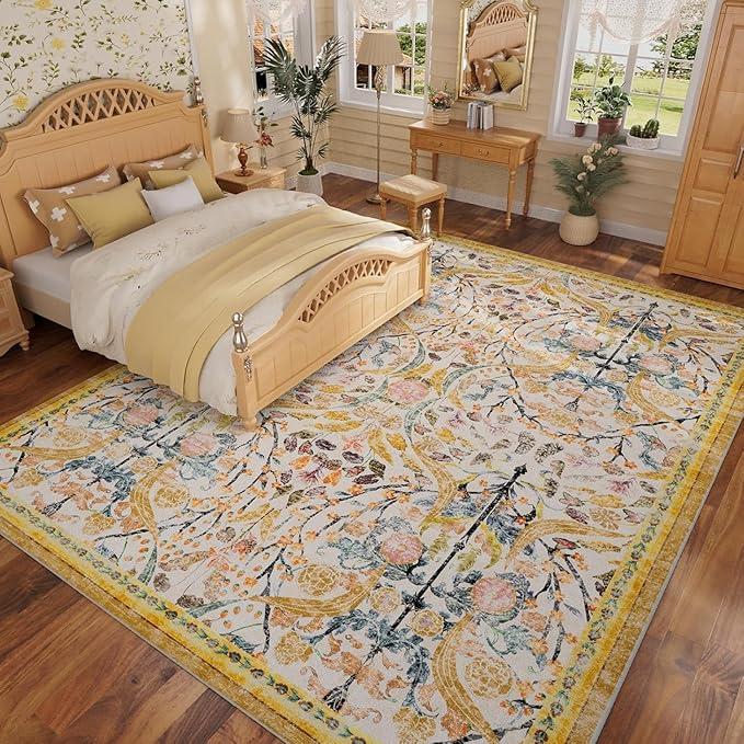 AMTOVO 9x12 Washable Area Rugs for Living Room, Non-Slip&Non-Shedding Floral Large Soft Boho Vintage Print Carpet for Bedroom Girls Room Dorm Dining Room Farmhouse Nursery Home Office, Golden Yellow