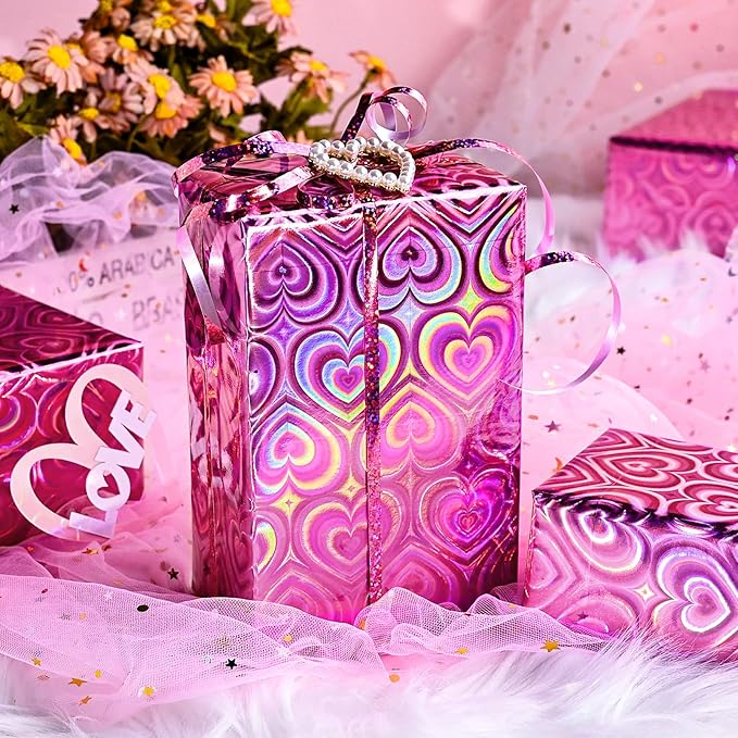 Yarcony Pink Wrapping Paper, Mini Roll, Holographic Hearts Wrapping Paper, Valentine's Day Present Paper for Lover Anniversary, Wedding, Mother's Day, Birthday, Romantic Occasions (17 Inch X 33 Feet)