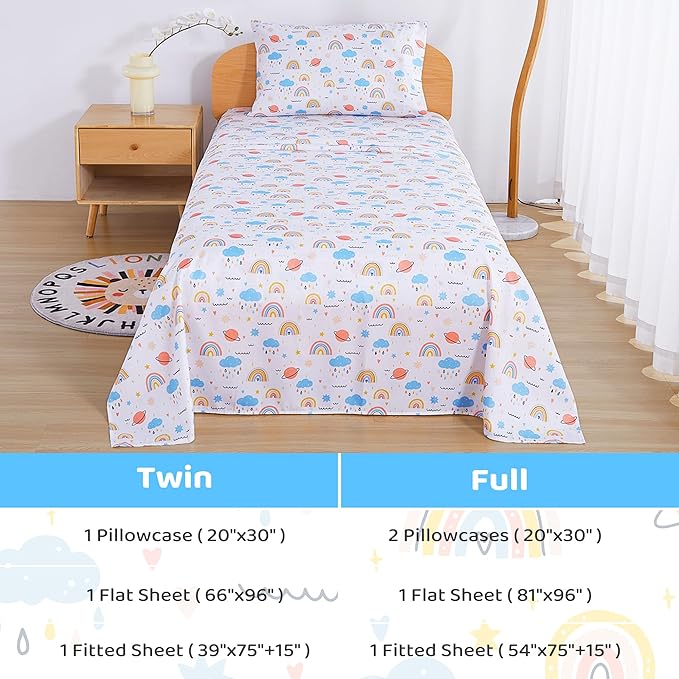 Viviland 3 Pieces Girls Rainbow Twin Sheet Set - Soft Microfiber Fitted Flat Sheets & Pillowcase - Colorful Cloud Bedding Sets - for Kids & Toddlers