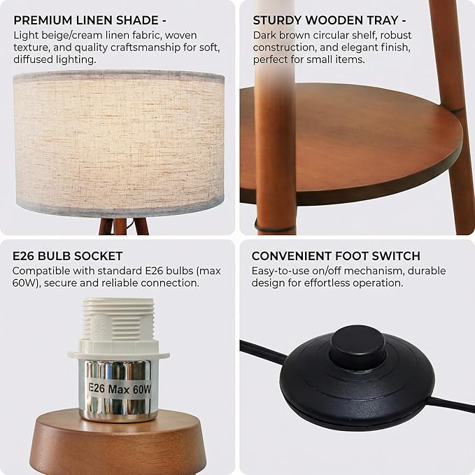 Modern Floor Lamp with White Drum Shade, Wood and Metal Construction, Adjustable Height, for Living Room, Bedroom, Office