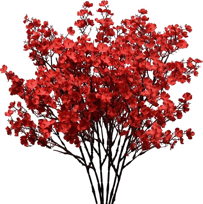 Mandy's Red Artificial Baby’s Breath European Flowers 6 Bundles Silk Gypsophila with Bendable Stems for Fall Thanksgiving & Christmas Centerpiece Wedding Decor and Table Arrangements