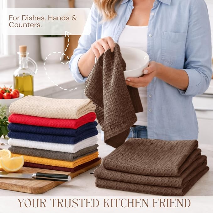 Brown Kitchen Towels – Waffle Weave, 100% Cotton, Soft & Absorbent, Fast Dry, Durable, 16x26 Inches, Perfect for Dish Drying, Bar, Cleaning, Hand Wipe and Everyday Use, Set of 12