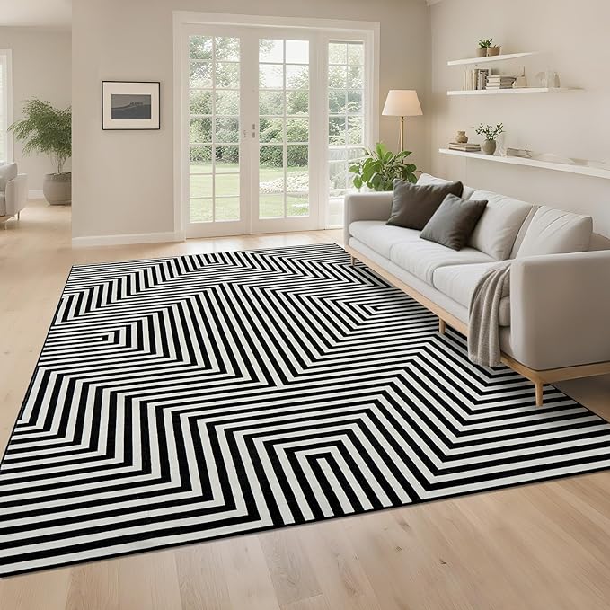 Washable Modern Lines Rug 9x12 Area Rug for Living Room Neutral Modern Geometric Rugs Low Pile Soft Bedroom Carpet Thin Foldable Abstract Floor Carpet for Dining Kids Room Playroom, Black