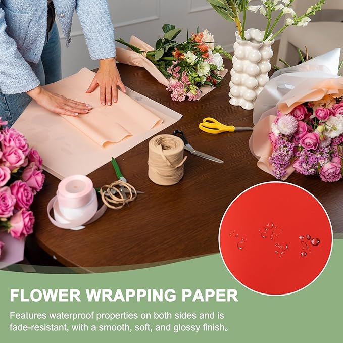 PATIKIL Flower Gift Wrapping Paper, 20 Sheets Double Sided Golden Waterproof Bouquet Paper Wrap Florist Supplies Packaging Floral Papers for Wedding DIY Craft Valentine, Red/Gold