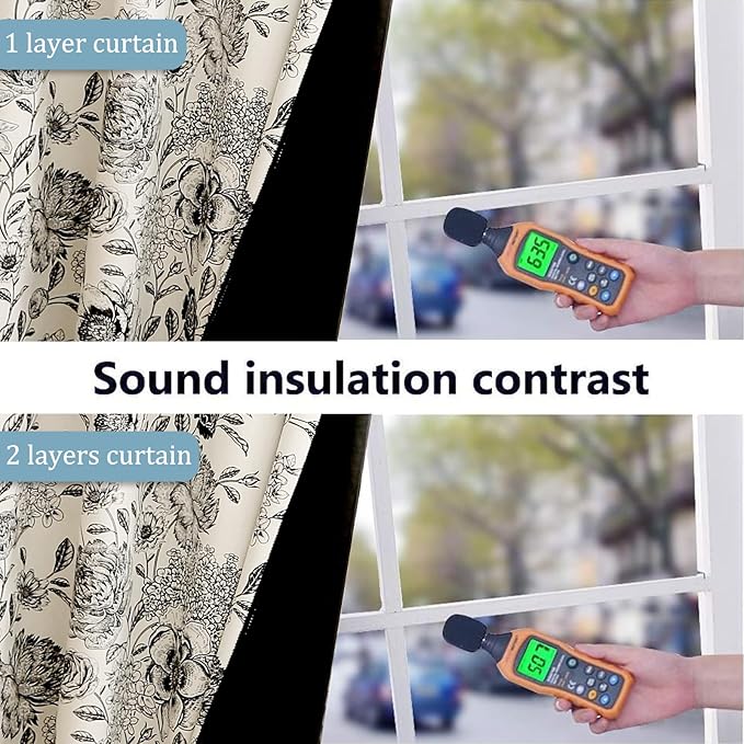 100% Blackout Black Floral Farmhouse Curtains Living Room Thermal Insulated Drapes Elegant Peony Pattern & Tassel Curtains 2 Panels Blocking Curtains for Windows Floral Drapes (52W*96L)