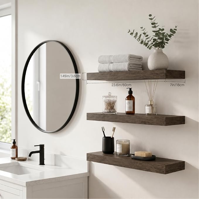 Floating Shelves for Wall, Bathroom Shelves Over Toilet, Wall Shelves & Book Shelf for Room, Hanging Shelf, Modern Wooden Mounted Floating Shelves, 24x7x1.5 in (Smoke Gray, Set of 3)