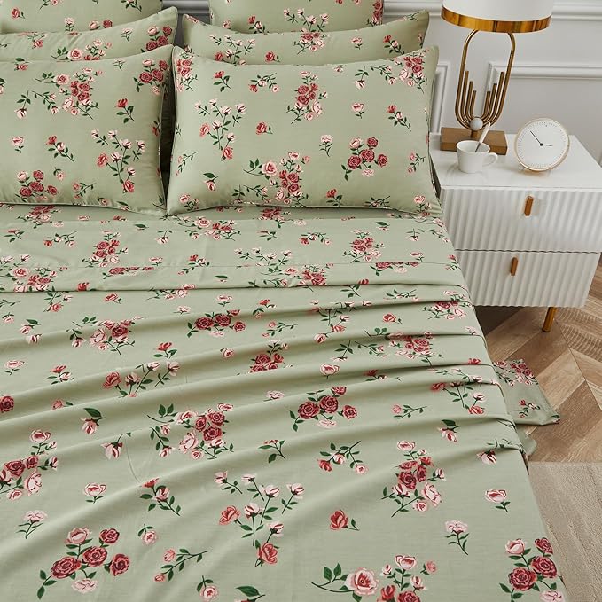 FADFAY King Size Sheet Set 100% Cotton Sage Green Bed Sheets, French Country Red Rose Floral Pattern, Soft Cool Luxury Bedding, Shabby Vintage Style, 4 Pieces Deep Pocket Fitted Sheet