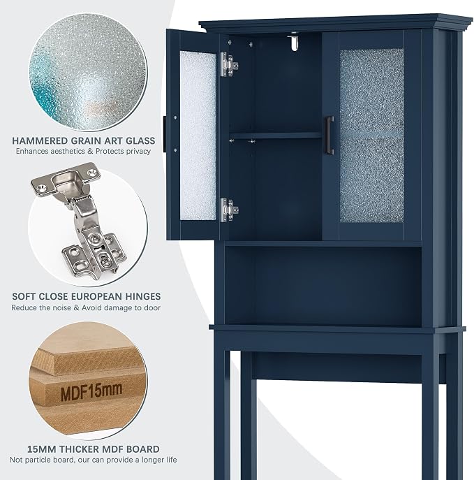 Over The Toilet Storage Cabinet, Over Toilet Storage Bathroom Cabinet with Glass Door and Adjustable Shelf, Above The Toilet Cabinet Behind Toilet Bathroom Organizer, Ultramarine