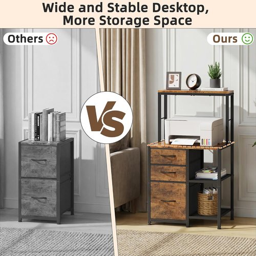 HIGDBFE File Cabinet - 3 Fabric Drawers & 4 Open Shelves - Rustic Brown Office Storage Solution