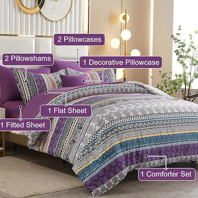 Cottolester Boho Comforter Set Queen Size,8 Piece Bed in a Bag Bohemian Striped Bedding Quilt Set,Purple Paisley Floral Comforter and Sheet Set,Soft Microfiber Complete Bedding Sets for All Season
