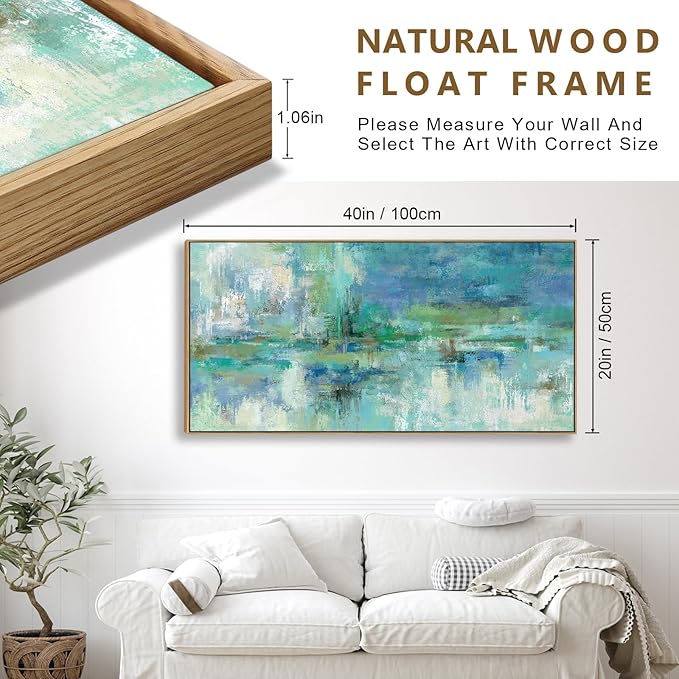VEAEE Teal Framed Abstract Wall Art - Turquoise Green Colorful Modern Canvas Pictures, Living Room Wall Decor, Contemporary Landscape Painting Prints for Bedroom Bathroom Office Decor 20" x 40"