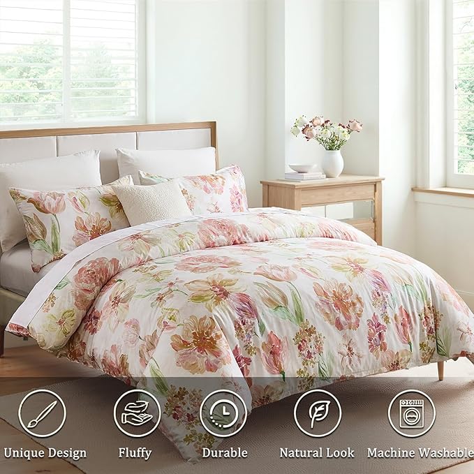 100% Cotton Duvet Cover Set King Size – Pink Watercolor Floral Bedding with Zipper Closure, 3-Piece Silky Soft Botanical Comforter Cover with 2 Pillowcases