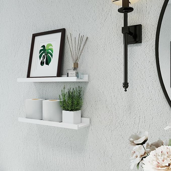 White Floating Shelves for Wall Decor, Wall Mounted Wood Storage Shelf for Bedroom, Living Room, Bathroom, Kitchen, Nursery, Display Picture Ledge Shelf with Lip Set of 2-16 Inches, White
