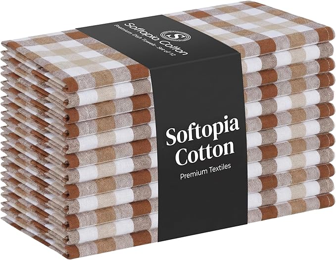 Checked Dish Towels 12 Pack, 18x26 Inches, Quick Dry Towels for Kitchen, Durable, Reusable, Absorbent Wash Cloths Set, Washable Fabric, Heavy Duty for Daily Use - Brown, Beige, White