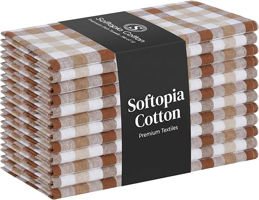 Checked Dish Towels 12 Pack, 18x26 Inches, Quick Dry Towels for Kitchen, Durable, Reusable, Absorbent Wash Cloths Set, Washable Fabric, Heavy Duty for Daily Use - Brown, Beige, White