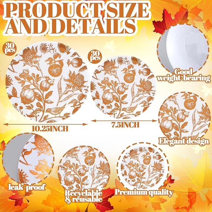 Suclain 60 Pcs Brown Fall Pomegranate Plastic Plates Thanksgiving Wedding Party Decoration Bulk 10.25'' 7.5'' Dessert Dinner Disposable Plastic Plates for Bridal Shower Party Supplies