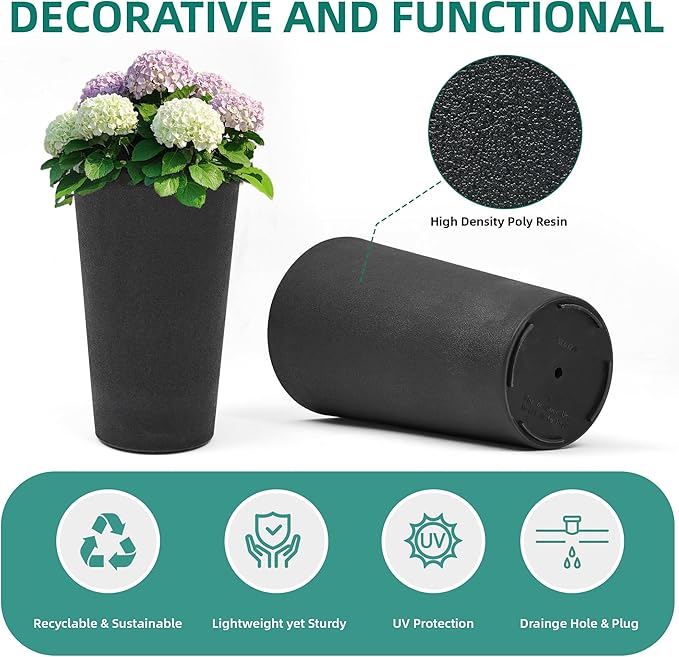 24" Tall Planters Set of 2, High-Density Resin Charcoal Outdoor Pots for Plants, Versatile Indoor/Outdoor Flower Pots w/Drainage Hole for Patio, Garden, Porch & Living Room Decor, Ideal Gift