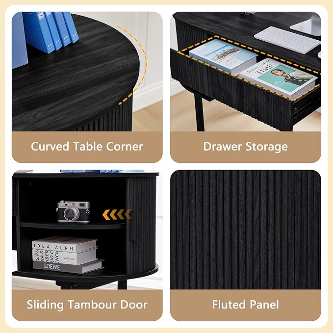 Home Office Oval Desk with Sliding Tambour Door and Drawer, Modern Fluted Wood Executive Computer Storage Desk for Study, Living Room, Bedroom, Office - Black